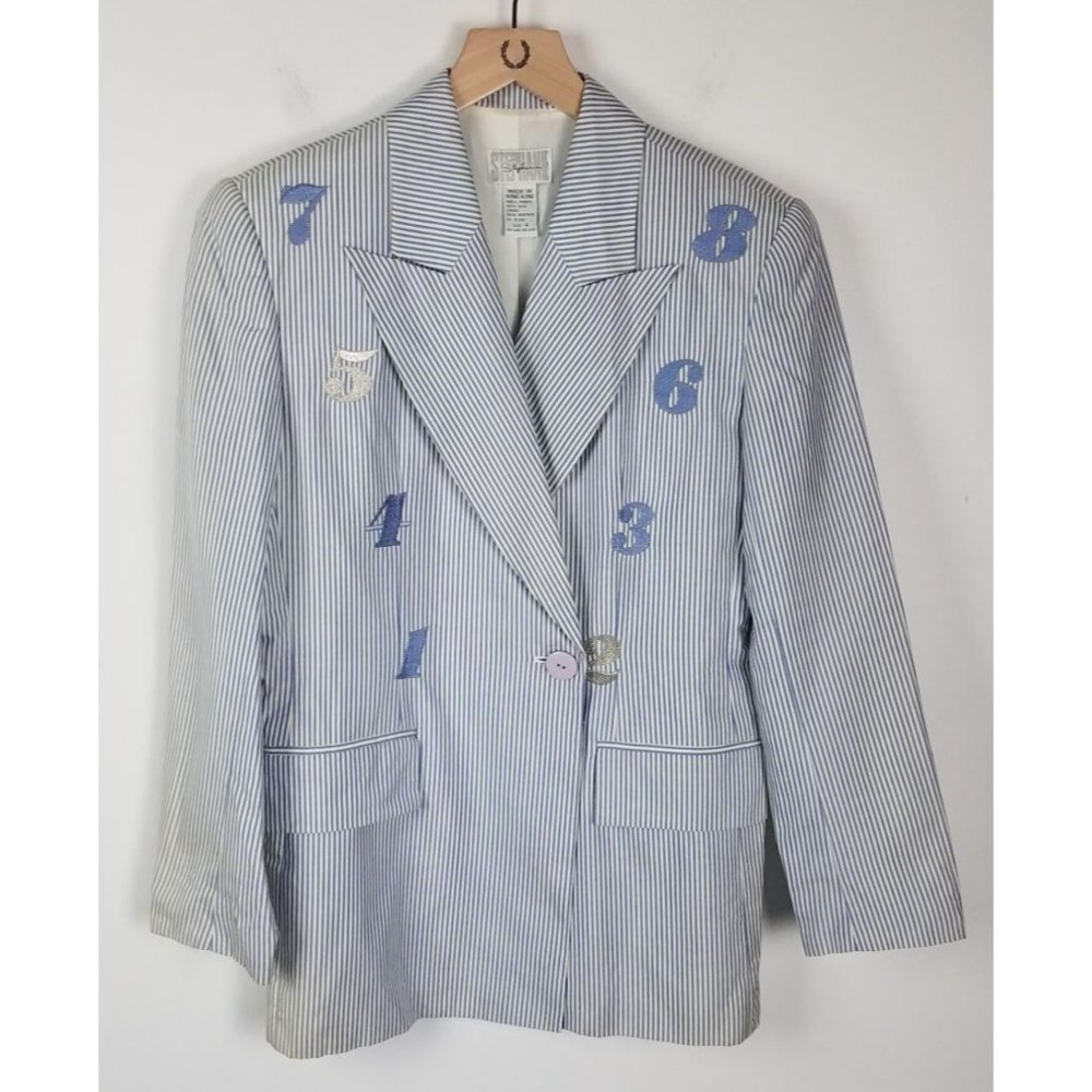 Vtg. Stephanie Women's Sz. 4 Silk Blue & White Stripe Numbers Notched Blazer